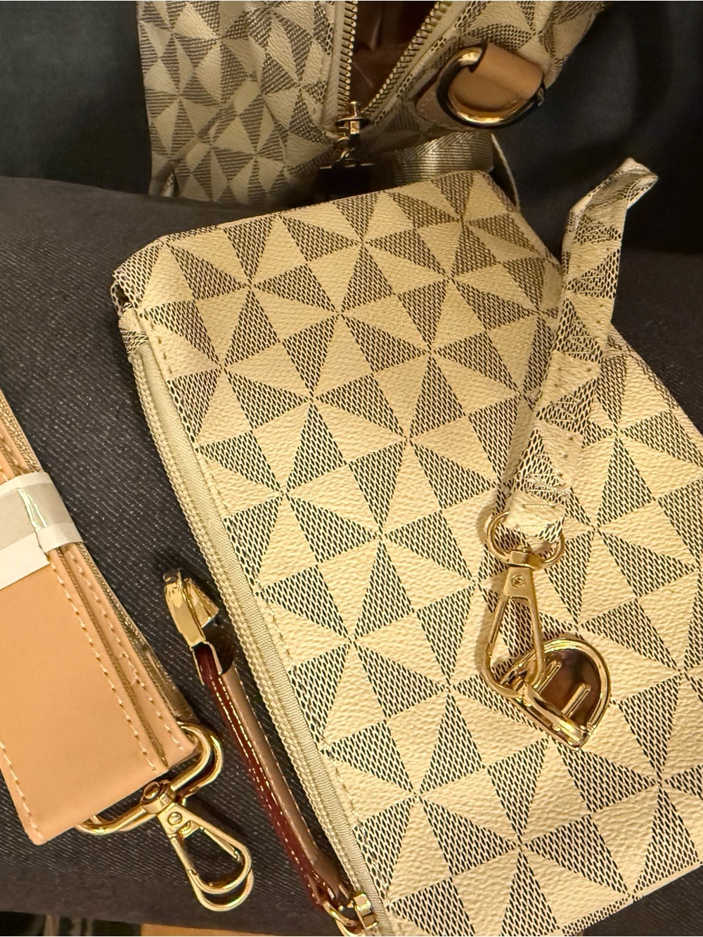 Geometric Pattern Beige & Tan Backpack Handbag - Picture 3 of 5